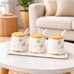 Set 3 recipiente condimente portelan Lifetree RAZO, Capace bambus, Lingurite, Tava suport, Design lifetree, Elegante
