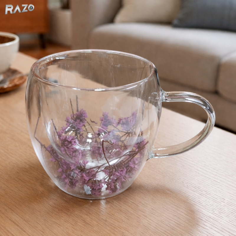Set 4 cani sticla pereti dubli Purple 250 ml RAZO, Flori uscate naturale, Design elegant decorativ, Flori mov