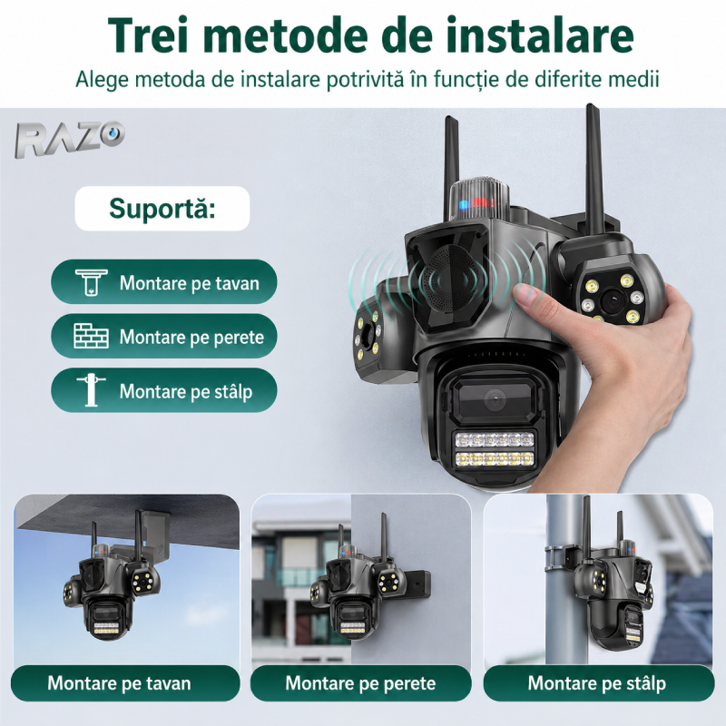 Camera supraveghere AI tripla 360 RAZO, 3 lentile, WIFI, Monitorizare completa, Vizualizare live pe telefon, Detectie miscare cu tracking automat, Vedere nocturna LED, Audio bidirectional, Alarma integrata