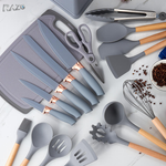 Set ustensile bucatarie din silicon RAZO, Suport depozitare, Rezistente la caldura, Accesorii complete, Design ergonomic, Usor de curatat, Gri