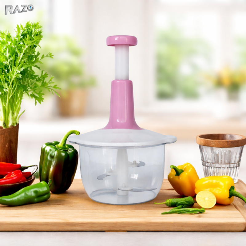 Tocator manual multifunctional 2L RAZO, Chopper legume, fructe, Sistem cu apasare, Lame inox, Usor de utilizat