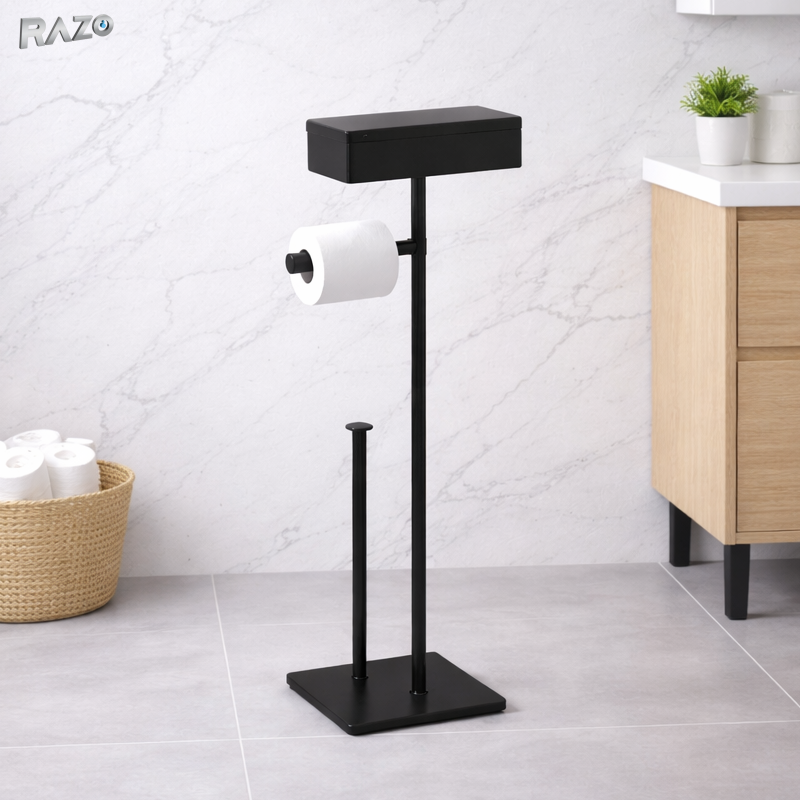 Suport hartie igienica cu stativ si raft RAZO, Metal, Design modern, Stabil, Elegant, Multifunctional, 78,5x20,5x12,5 cm, Negru