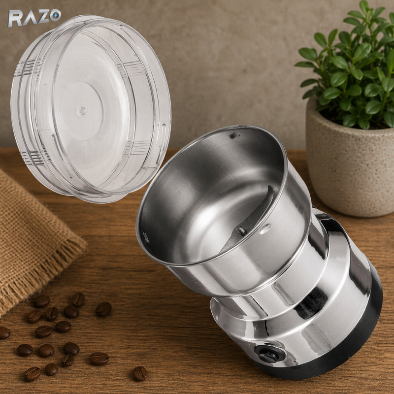 Rasnita electrica cafea si condimente 80W RAZO, Bol inox, Lama metalica, Macinare rapida, Protectie supraincarcare, Utilizare sigura, Design compact