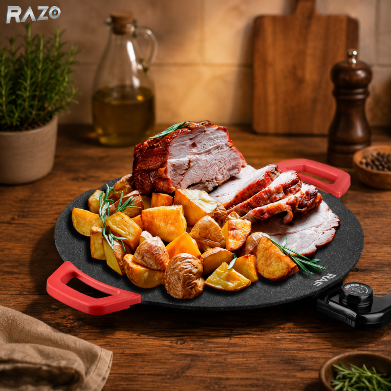 Plita japoneza electrica multifunctionala 1800W RAZO, Suprafata antiaderenta, Incalzire uniforma, Design compact, Usor de curatat, Manere laterale, Picioare anti alunecare, Ideala pentru uz zilnic