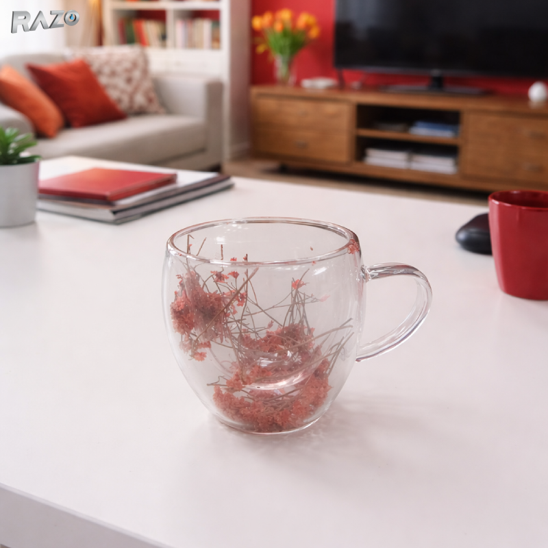 Set 4 cani sticla pereti dubli Red 250 ml RAZO, Flori uscate naturale, Design elegant decorativ, Flori rosii