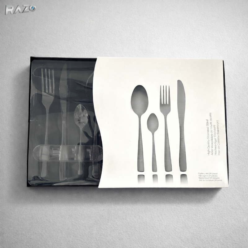 Set tacamuri 24 piese inox premium RAZO, Design elegant, pentru masa zilnica si festiva, Negru