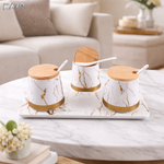 Set 3 recipiente condimente portelan Marble RAZO, Capace bambus, Lingurite, Tava suport, Design marble, Elegante