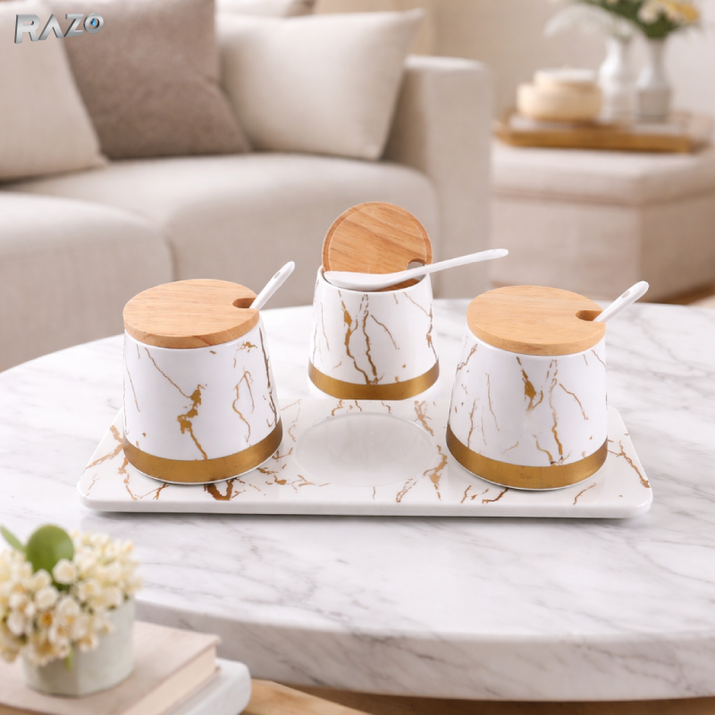 Set 3 recipiente condimente portelan Marble RAZO, Capace bambus, Lingurite, Tava suport, Design marble, Elegante