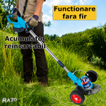 Motocoasa electrica cu roti, 2 acumulatori RAZO, 48V, 4000 mAh, 18000 RPM, Tija telescopica, Multifunctionala, Autonomie extinsa, Wireless