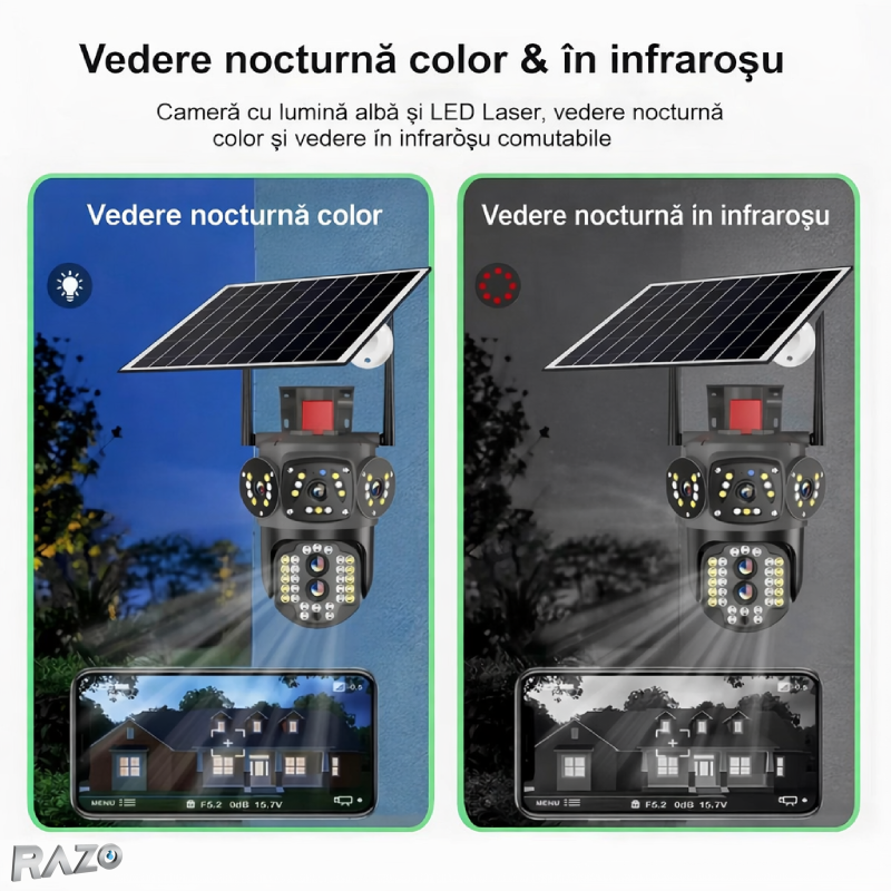 Camera supraveghere solara PRO 6MP RAZO, 4G, Baterie reincarcabila, Vedere nocturna color, Detectie miscare, Tracking uman, Audio bidirectional, Panou solar, IP66