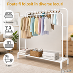 Suport metalic dublu pentru umerase RAZO, 2 bare pentru haine, 1 raft inferior, Capacitate 48 kg, Design modern pentru dormitor, dressing, 120x45x160 cm, Alb
