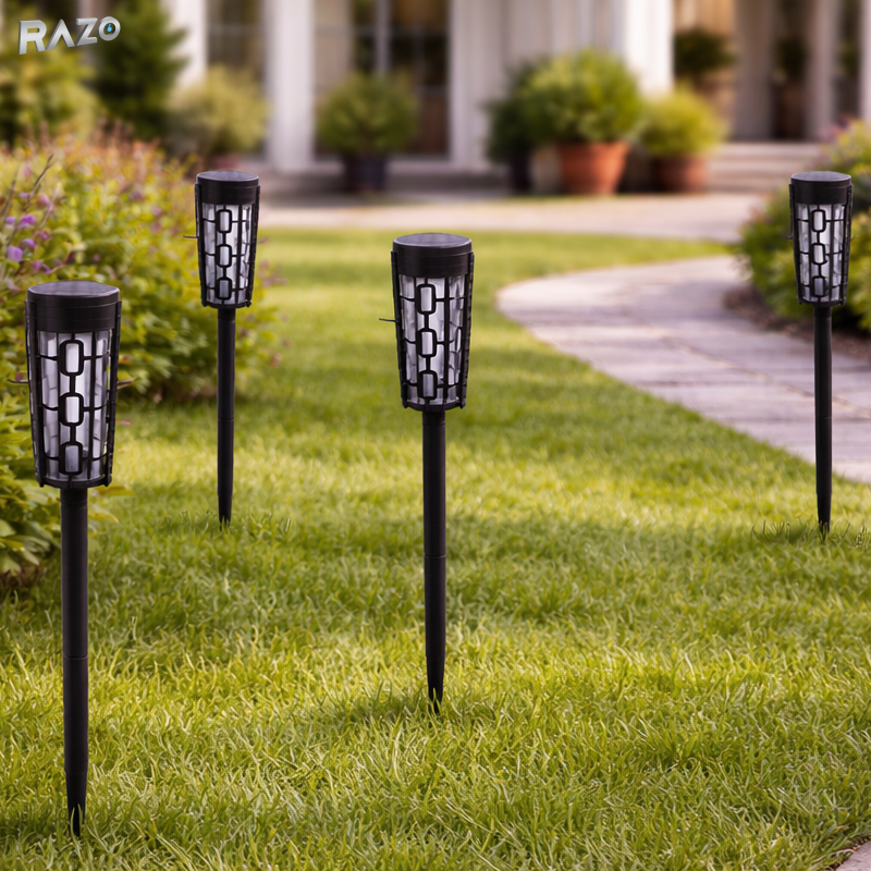 Set 4 lampi gradine RAZO XF-2907, LED, Iluminat exterior, 100% energie solara, Rezistente la intemperii, Instalare fara cabluri
