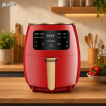 Friteuza cu aer cald RAZO, 2400W, 6L, Air fryer fara ulei, LCD touch screen, 6 programe presetate, Temperatura 50–200°C, Timer, Oprire automata, Gatire sanatoasa, Rosu