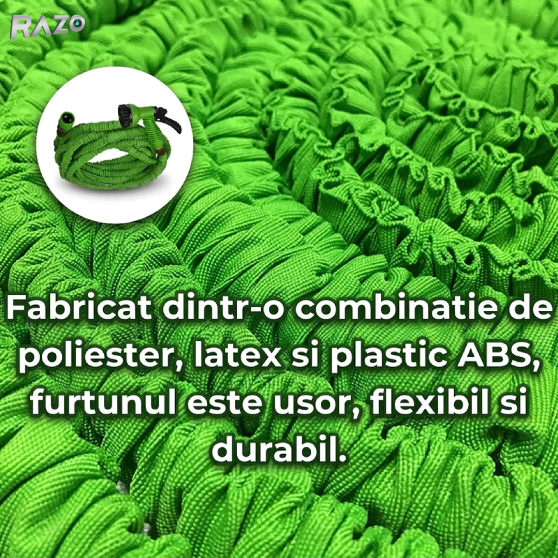 Furtun gradina extensibil 30 metri cu pistol pulverizare RAZO, Multifunctional, Extindere automata si contractare, Material rezistent flexibil, Usor de manevrat, Verde