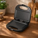 Sandwich maker 750W RAZO, Placi antiaderente, Gatire rapida, Uniforma, Incalzire dubla, Control termostatic, Design compact, Maner termoizolat, Sistem siguranta