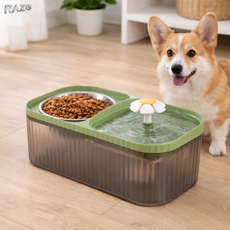 Dispenser automat apa animale 3L RAZO, Filtrare, Alimentare USB, Silentios, pentru pisici, caini, 11x31x17 cm, Verde