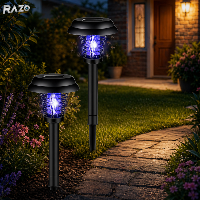 Lampa solara LED si UV anti tantari 2 in 1 RAZO, Iluminare alba, Eliminare insecte cu functie automata, Alimentare solara fara cabluri, Autonomie ridicata, Design rezistent