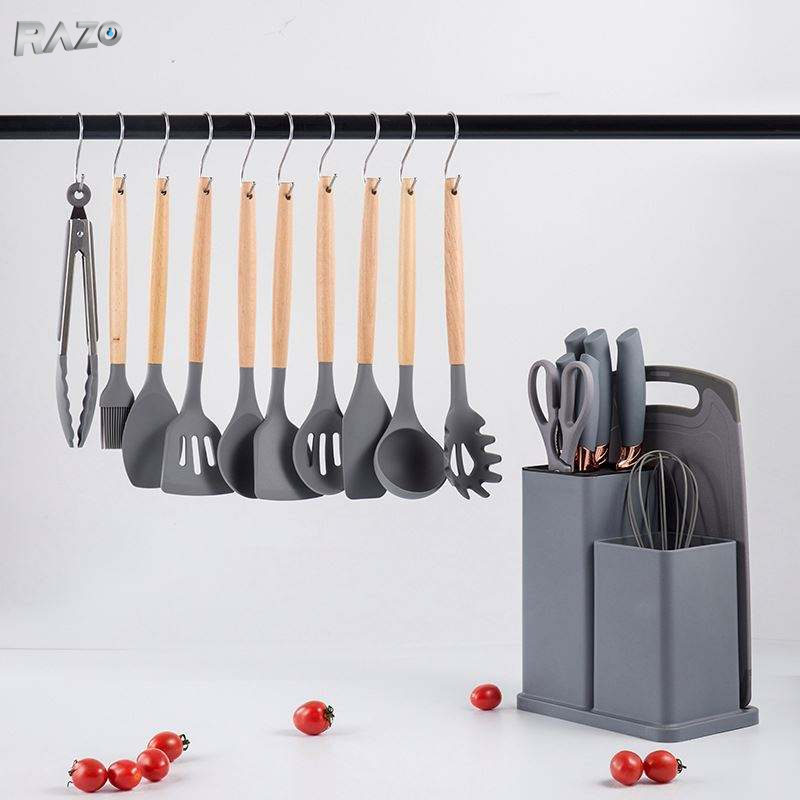 Set ustensile bucatarie din silicon RAZO, Suport depozitare, Rezistente la caldura, Accesorii complete, Design ergonomic, Usor de curatat, Gri