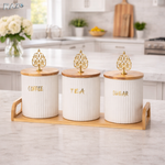 Set 3 recipiente din portelan Baroque RAZO, Capace bambus, Tava inclusa, Design baroque, Elegante