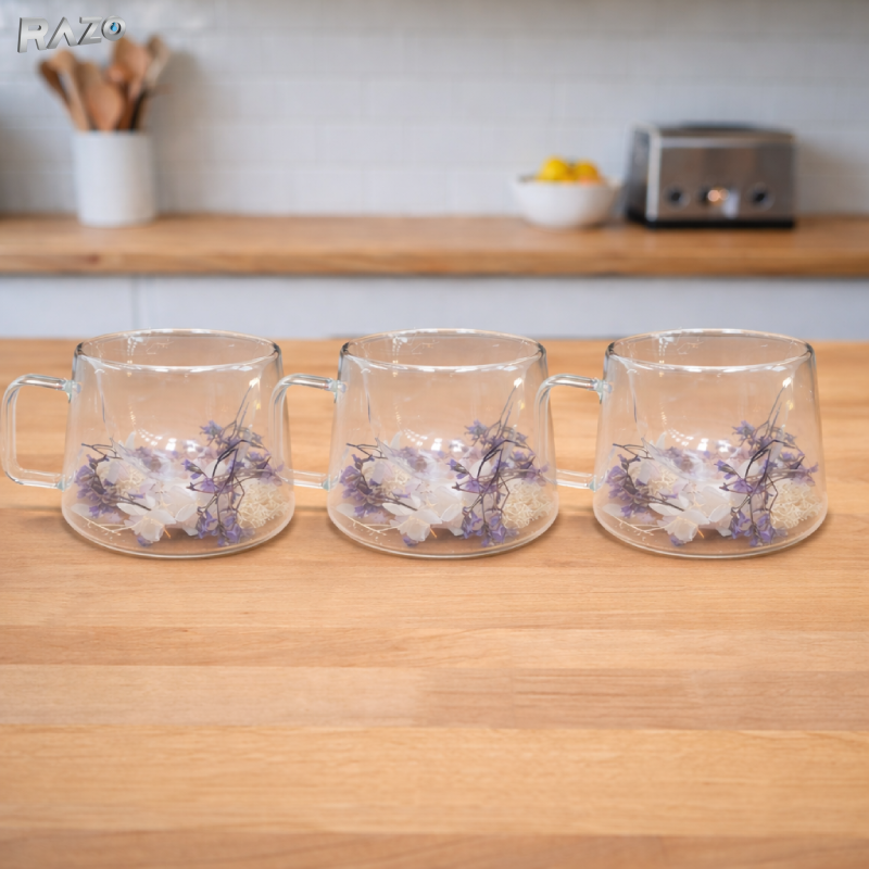 Cana sticla pereti dubli Violet 250 ml RAZO, Flori uscate naturale, Design elegant decorativ, Flori violete, albe