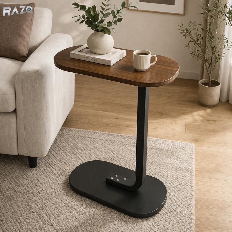 Masa laterala ovala de cafea mica tip C RAZO, Blat maro, Cadru metalic, Multifunctionala pentru living, dormitor, 57x38x28 cm, maro