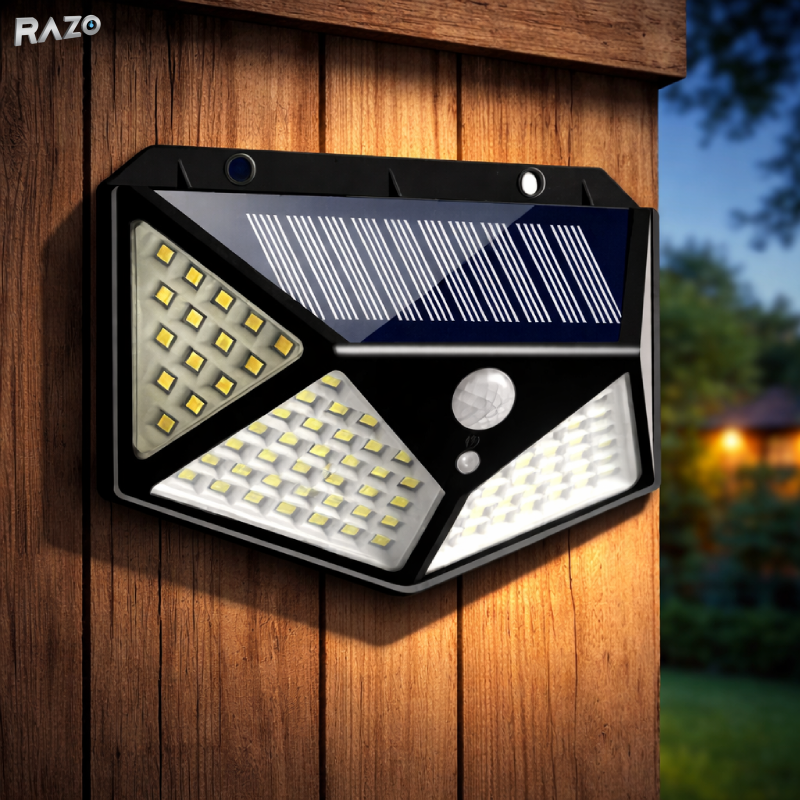 Set 4 lampi solare LED exterior RAZO, Senzor de miscare, 100 LED, IP65, Iluminare reglabila
