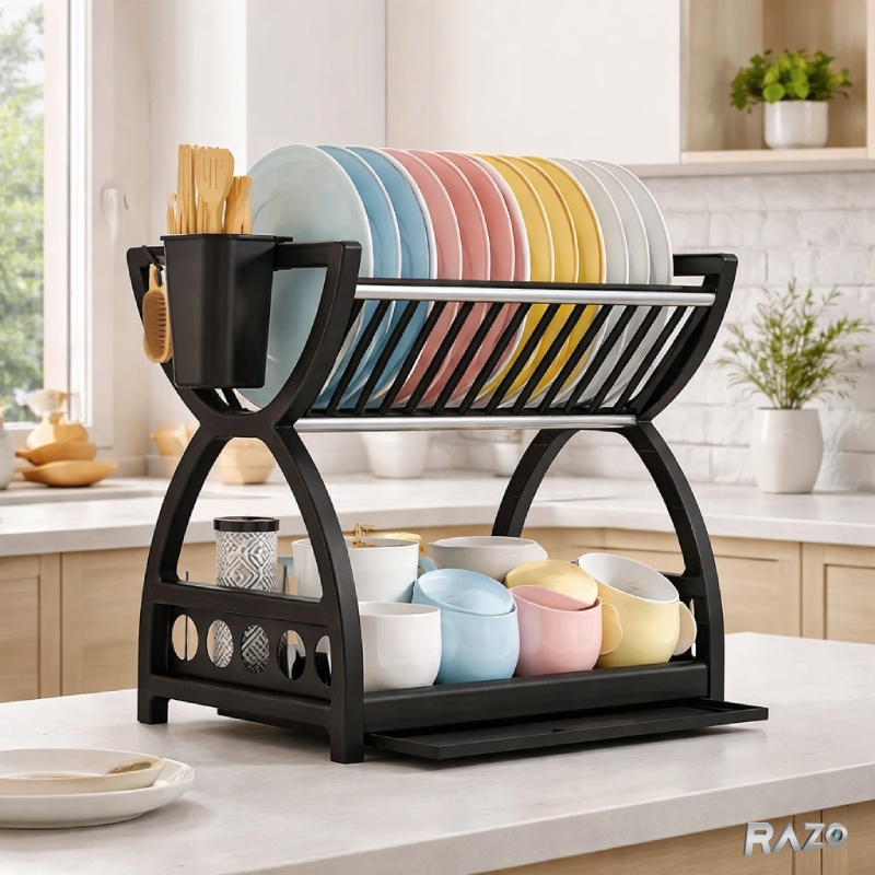 Suport vase simplu forma X, RAZO, 2 niveluri, Tava de scurgere, Organizator bucatarie, Capacitate mare, 35x29x25 cm, Negru