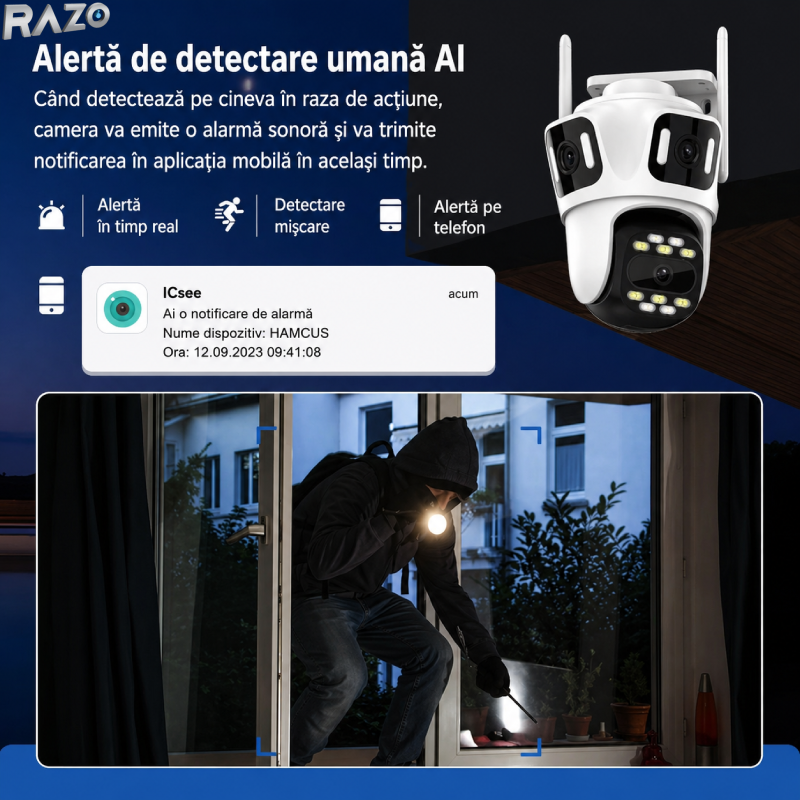 Camera supraveghere WiFi 360 RAZO, Multi lentila cu AI detectie, Night vision color, Monitorizare completa, Vizualizare live pe telefon, Detectie persoane, Tracking automat, Notificari instant, Audio bidirectional, Alarma integrata