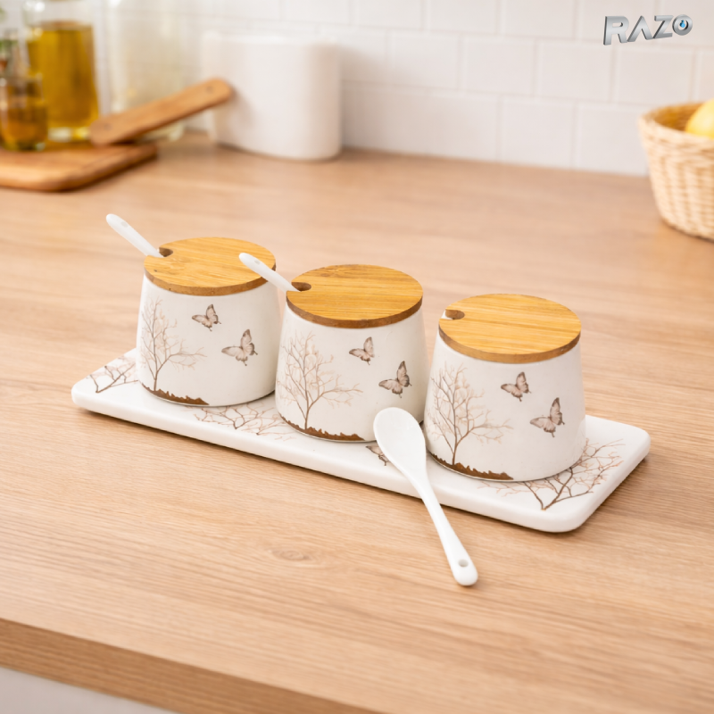 Set 3 recipiente condimente portelan Lifetree RAZO, Capace bambus, Lingurite, Tava suport, Design lifetree, Elegante