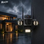 Camera supraveghere AI tripla 360 RAZO, 3 lentile, WIFI, Monitorizare completa, Vizualizare live pe telefon, Detectie miscare cu tracking automat, Vedere nocturna LED, Audio bidirectional, Alarma integrata