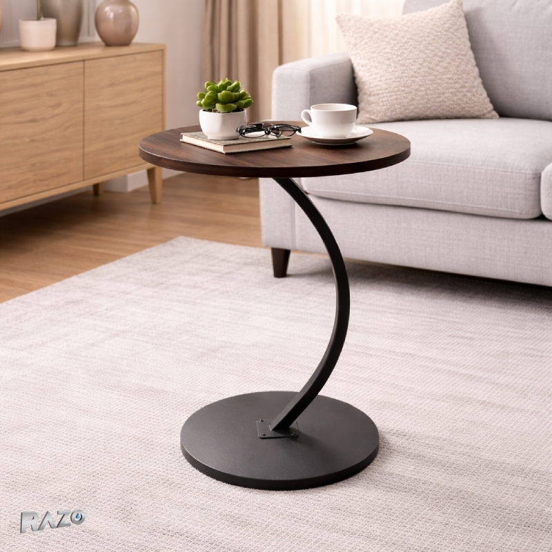 Masuta cafea rotunda RAZO, Blat maro, Cadru metalic, Design modern, Multifunctionala pentru living, Dimensiuni 64x42 cm