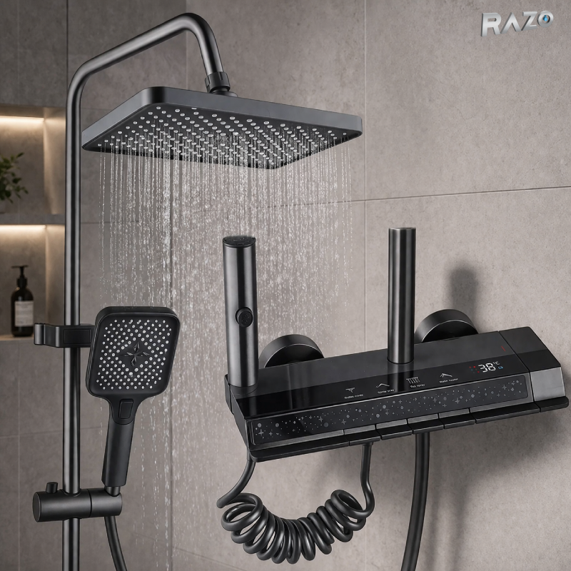 Set dus modern cu afisaj digital si stelute albastre RAZO, functie ploaie, LED, Para dus, Presiune ridicata, Montare pe perete