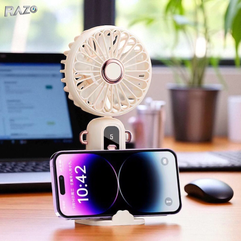 Ventilator mini portabil cu suport telefon RAZO, Reincarcabil USB, 5 viteze, Racire eficienta, Flux de aer reglabil, Design compact, Silentios, Autonomie ridicata, Bej