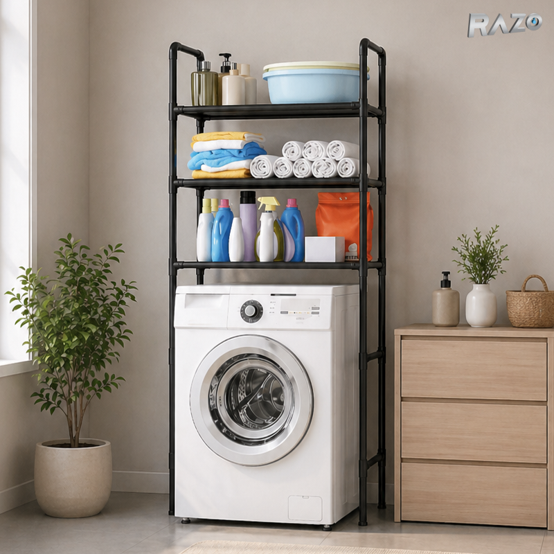 Suport organizator masina de spalat cu raft depozitare 3 nivele RAZO, Economisire spatiu, Organizare eficienta, Cadru metalic rezistent, Polite durabile, Design modern, Negru