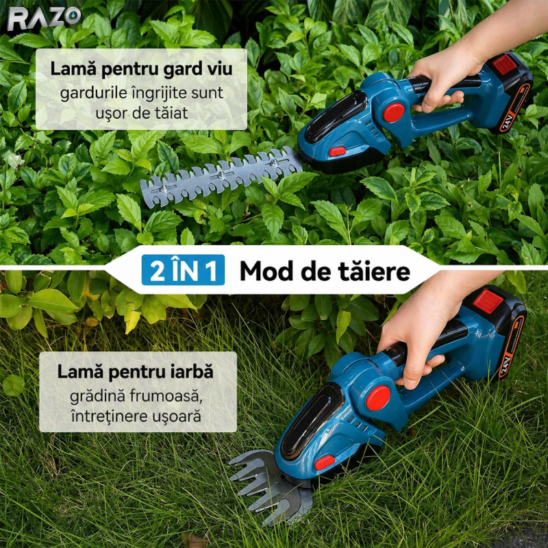 Foarfeca electrica 2 in 1 pentru gradina RAZO, Acumulator 48V, Taiere precisa cu lame interschimbabile, 2 Acumulatori, Design ergonomic, Portabila fara fir