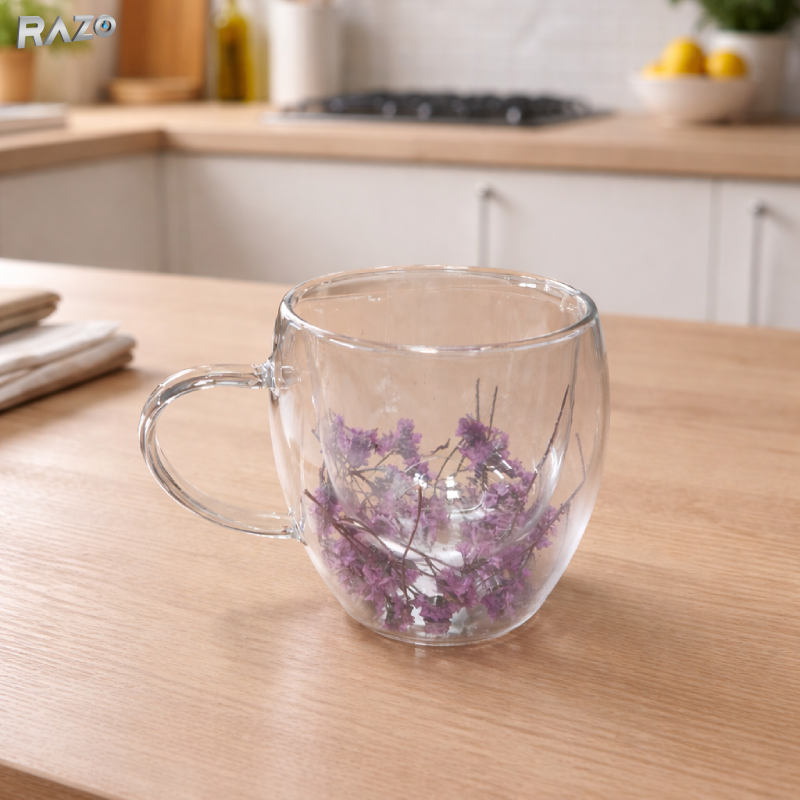 Set 4 cani sticla pereti dubli Purple 250 ml RAZO, Flori uscate naturale, Design elegant decorativ, Flori mov