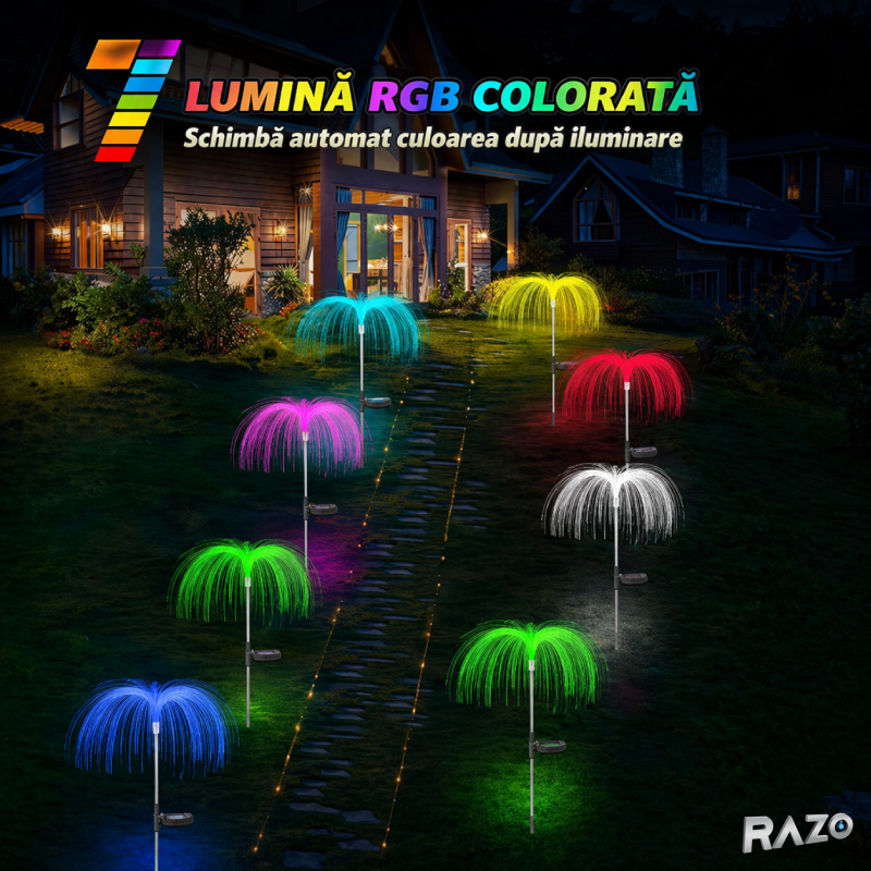 Lampa solara decorativa tip meduza 2 buc/set RAZO, Culori RGB, IP65, Iluminat exterior multicolor, Energie solara, Suport tija metalica