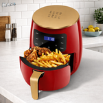 Friteuza cu aer cald RAZO, 2400W, 6L, Air fryer fara ulei, LCD touch screen, 6 programe presetate, Temperatura 50–200°C, Timer, Oprire automata, Gatire sanatoasa, Rosu