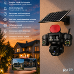 Camera supraveghere solara WiFi tripla RAZO, 3 lentile, 360 grade, Monitorizare completa fara cabluri, Panou solar, Baterie reincarcabila, Detectie miscare cu notificari, Tracking automat, Vedere nocturna IR si color, Audio bidirectional, Alarma