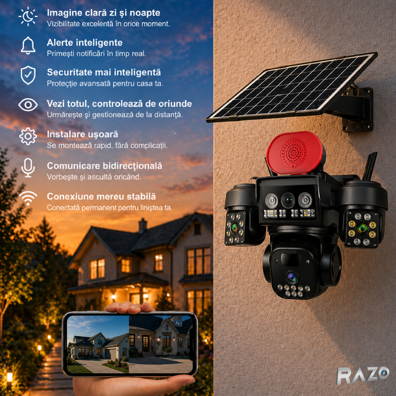 Camera supraveghere solara WiFi tripla RAZO, 3 lentile, 360 grade, Monitorizare completa fara cabluri, Panou solar, Baterie reincarcabila, Detectie miscare cu notificari, Tracking automat, Vedere nocturna IR si color, Audio bidirectional, Alarma