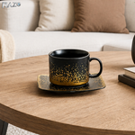 Set 2 cesti cu 2 farfurii din portelan RAZO, 180 ml, Design elegant, Set premium, Servire rafinat, Negru-Auriu