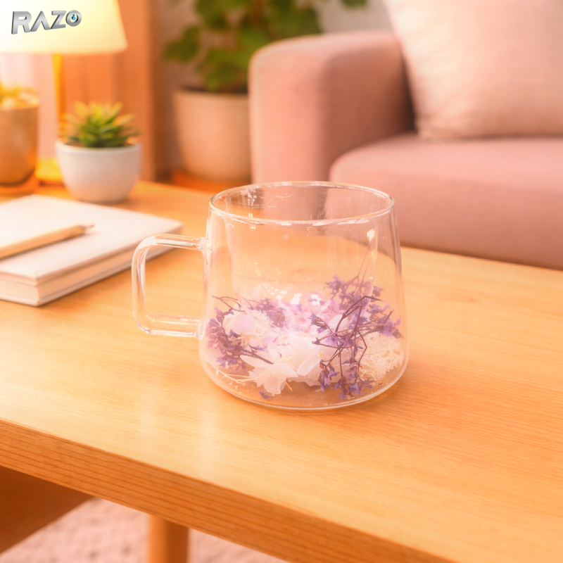 Cana sticla pereti dubli Violet 250 ml RAZO, Flori uscate naturale, Design elegant decorativ, Flori violete, albe