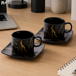 Set 2 cesti cu 2 farfurii din portelan RAZO, 180 ml, Design elegant, Set premium, Servire rafinat, Negru marmorat