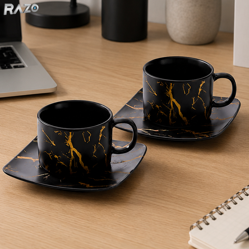 Set 2 cesti cu 2 farfurii din portelan RAZO, 180 ml, Design elegant, Set premium, Servire rafinat, Negru marmorat