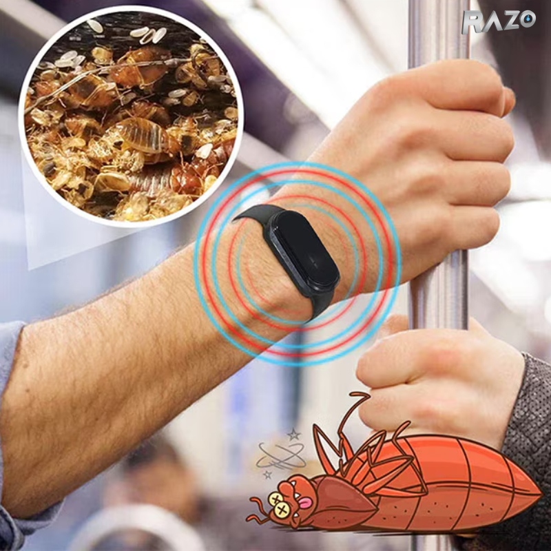 Bratara anti tantari cu ultrasunete si ceas digital RAZO, Reincarcabila USB, Rezistenta la apa, Design unisex, Reglabil pentru adulti si copii