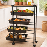 Carucior depozitare bucatarie cu blat lemn RAZO, 5 polite, 4 roti, Organizator multifunctional, Dimensiuni 84x40x26 cm