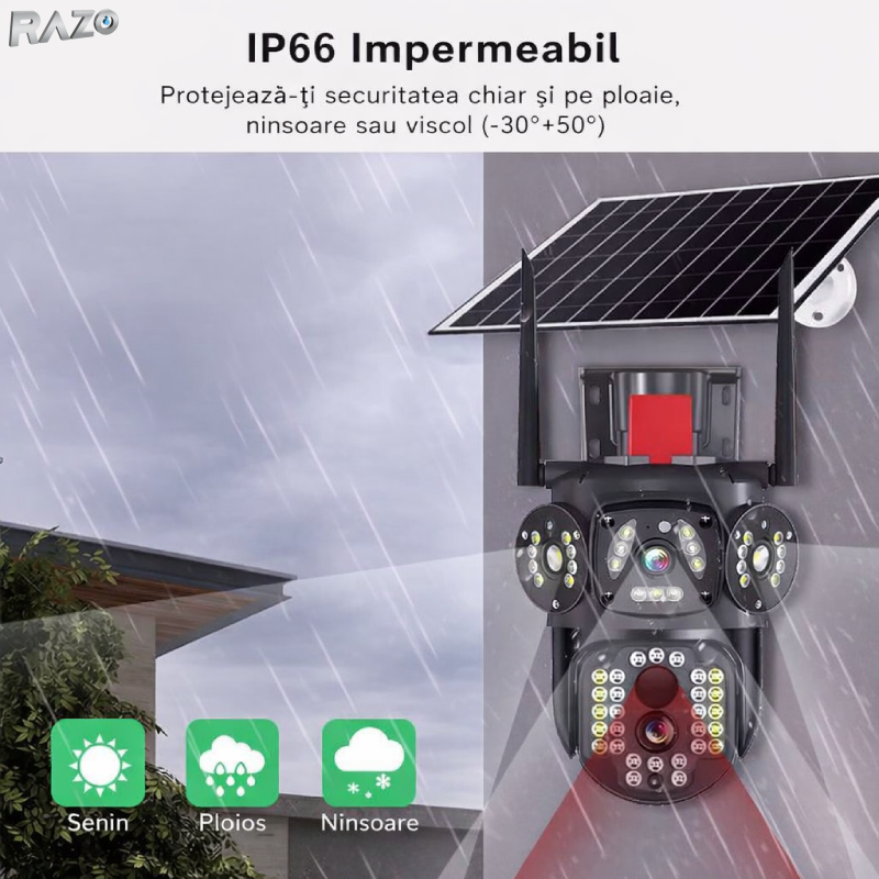 Camera supraveghere solara PRO 6MP RAZO, 4G, Baterie reincarcabila, Vedere nocturna color, Detectie miscare, Tracking uman, Audio bidirectional, Panou solar, IP66