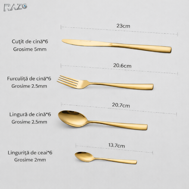 Set tacamuri 24 piese inox premium RAZO, Design elegant, pentru masa zilnica si festiva, Auriu