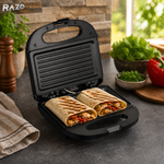 Sandwich maker 750W RAZO, Placi antiaderente, Gatire rapida, Uniforma, Incalzire dubla, Control termostatic, Design compact, Maner termoizolat, Sistem siguranta