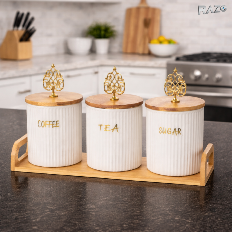 Set 3 recipiente din portelan Baroque RAZO, Capace bambus, Tava inclusa, Design baroque, Elegante